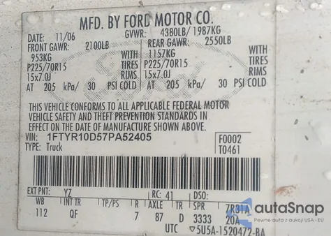 2007 Ford Ranger z USA, uszkodzony, nr VIN 1FTYR10D57PA52405